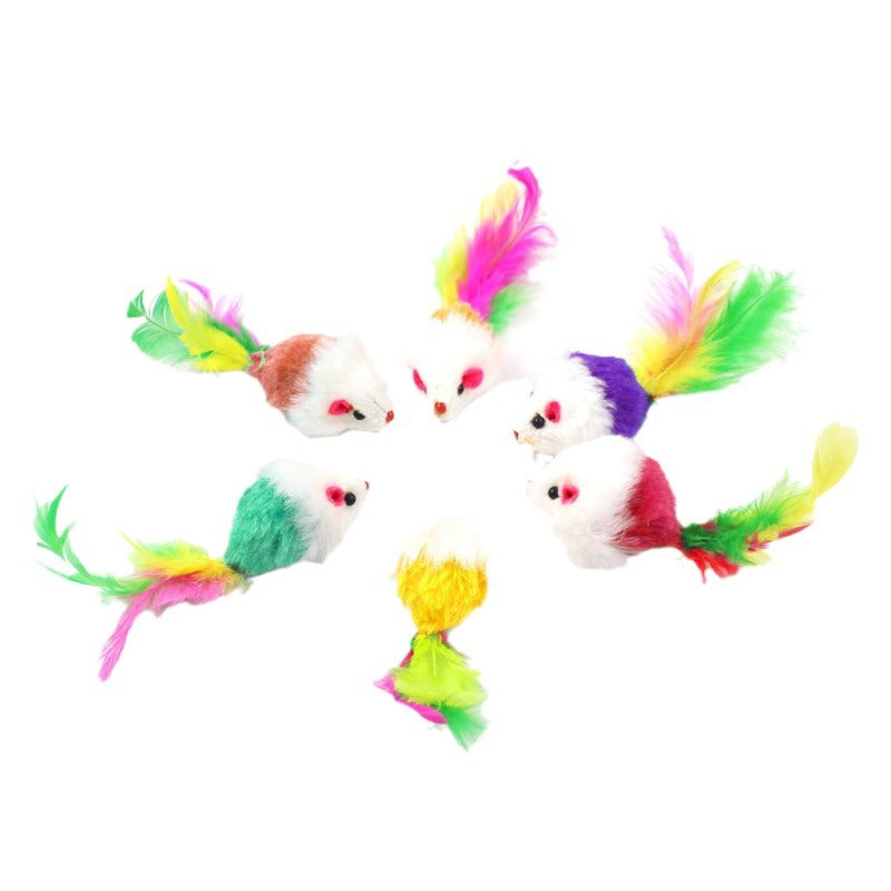 Plush Mouse Simulation Plush Colorful Feathers Cat Amusement Mouse Pet Supplies Self-Hi Cat Toy