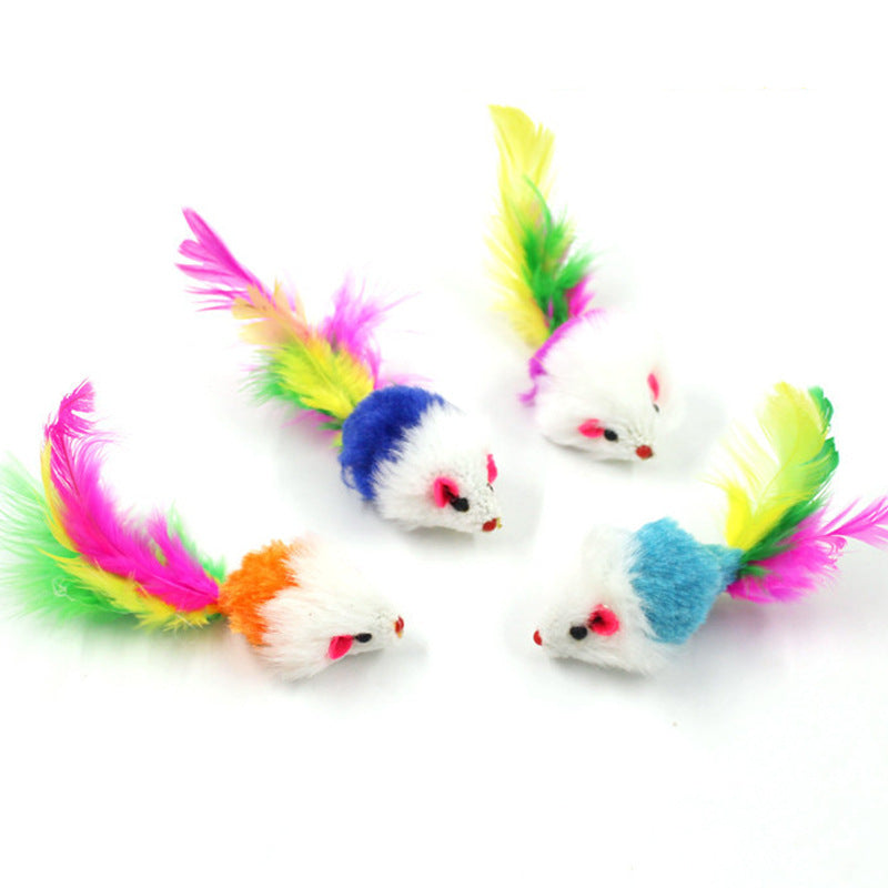 Plush Mouse Simulation Plush Colorful Feathers Cat Amusement Mouse Pet Supplies Self-Hi Cat Toy